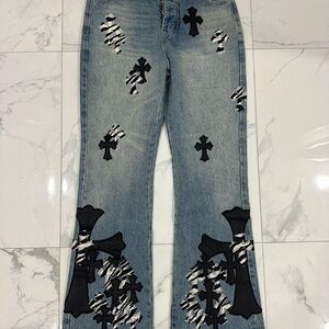 Chrome Hearts Blue Jeans with Black Cross Details